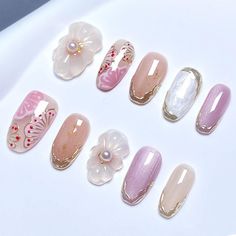 Acrylic Nails Japanese, Cute Fake Nails, Nails Japanese, Press On Nails Pink, Nails Flower, Pink Sakura, Nails 3d, Nails Pink, Flower Petal