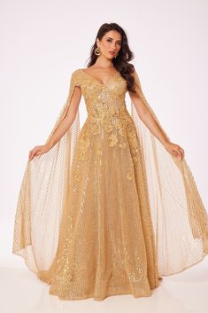 This maxi dress is simple yet bold. The classic v-neck and the full gown paired with the stylish and modern chiffon drapes leads to an elegant and aesthetic look. The soft material and gold sequins ensure you sparkle at your special night! Sophisticated and elegant design Long sleeve drape design Chiffon Robe and v-neck Care: Dry Clean Recommended Gold V-neck Sequin Dress For Formal Occasions, Elegant Gold V-neck Maxi Dress, Gold V-neck Evening Dress For Gala, Elegant Gold V-neck Evening Dress, Luxury V-neck Maxi Dress For Gala, Evening Gown With Sequins And V-neck, Gold Floor-length Sequin Dress For Prom Season, Gold Floor-length Sequin Dress For Prom, Festive V-neck Evening Gown