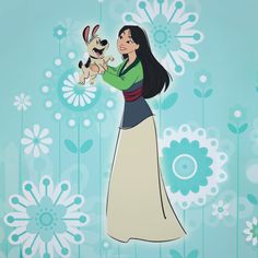 an animated woman holding a small dog in her hand with flowers and daisies behind her