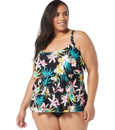 The Beach House Women's Plus Size Tropic Bloom Floral Jane Ruffle Tankini Top brings a burst of floral fun to your swimwear collection.FeaturesAdjustable strapsDetails Fabric: 85% Nylon / 15% Spandex Care: Hand wash Sun Protection: UPF 50+ Closure: Pull on Chlorine Resistant: No Back Style: U Back Fit: Standard Adjustable: Yes Cup Support: Removable soft cups Front Coverage: Moderate Country of Origin: Imported Tropical Swimwear With Adjustable Straps For Spring, Tropical Style Tankini With Adjustable Straps For Beach Season, Multicolor Swimwear With Adjustable Straps For Pool, Vacation Swimwear With Adjustable Straps For Swimming, Tropical Style Tankini With Adjustable Straps For Summer, Vacation Tankini With Adjustable Straps For Swimming, Tropical Tankini With Adjustable Straps For Vacation, Black Floral Print Swimwear For Vacation, Black Floral Swimwear For Vacation