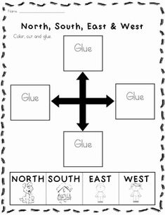 the north, south, east and west worksheet is shown in black and white