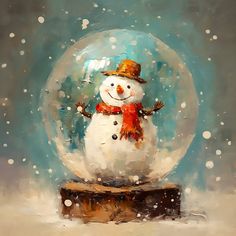 a painting of a snowman in a glass ball