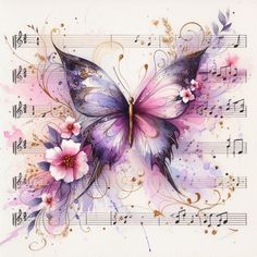 a butterfly with music notes and flowers on it