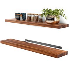 two wooden shelves with metal brackets and plants on them, one shelf has a potted plant next to the other