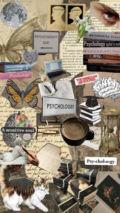 a collage of books, pictures, and other items with words written on them