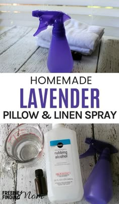 homemade lavender pillow and linen spray is shown with the words homemade lavender pillow and linen spray