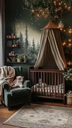 cozy forest-themed nursery with dark green walls, canopy, and starry lights Disney Forest Nursery, Magic Forest Nursery, Viking Baby Nursery, Moody Nursery Ideas, Where The Wild Things Are Nursery, Moody Baby Nursery, Dark Academia Nursery, Whimsical Nursery Ideas, Fantasy Nursery Theme