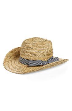 An irresistible cowboy hat is updated in sunny-day straw with a striped grosgrain ribbon. Straw Imported Classic Sun Hat For Summer Western-themed Events, Classic Summer Sun Hat For Western-themed Events, Spring Straw Sun Hat For Western-themed Events, Classic Adjustable Striped Hat, Classic Striped Adjustable Hat, Southern Style Summer Hat With Short Brim, Southern Style Brimmed Hats For Summer, Southern Style Curved Brim Summer Hat, Southern Style Summer Ranch Hats