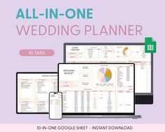 the all - in - one wedding planner is shown on two laptops and a phone