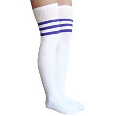 Athletic striped over the knee socks in white and purple.  Made in USA Chrissy’s Socks 877-862-6267 Tennis Socks, Digital Closet, Over The Knee Socks, Thigh High Socks, Purple Lavender, Knee Socks, Fashion Socks, Thigh Highs, Over The Knee