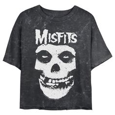 Celebrate the legendary horror-punk band and pop culture icons, The Original Misfits with officially licensed apparel featuring the classic "Fiend Skull" and more! This Juniors' Misfits Classic Fiend Skull Logo Cropped Graphic T-Shirt features a large black and white graphic of the Misfits Fiend Skull mascot and logo across the front. Rock out to the genre-defining Misfits in ultimate style with these fun new tees for everyone! Distressed Band Merch Top For Fans, Skull Screen Print T-shirt For Concerts, Edgy Halloween T-shirt With Screen Print, Distressed Skull Top In Punk Style, Edgy Skull Print Relaxed Fit T-shirt, Halloween Concert T-shirt With Screen Print, Distressed Skull T-shirt In Edgy Style, Alternative Skull Print Relaxed Fit Top, Alternative Black Distressed T-shirt