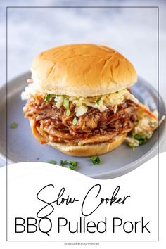 slow cooker bbq pulled pork sandwich on a plate with the title above it