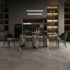 an elegant dining room with black and gold decor