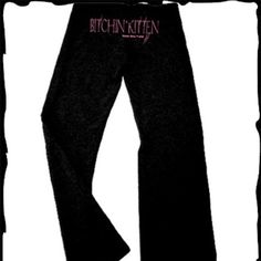 Bk Yoga Pant - Blk W/Pink Bitchin Kitten Motorcycle Brand Bella Brand Yoga Pants String Tie In Front At Waist Nwot Fitted Cotton Sweatpants With Letter Print, Trendy Fitted Black Sweatpants, Pink Cotton Bottoms For Night Out, Pink Fitted Sweatpants For Streetwear, Fitted Black Sweatpants For Loungewear, Fitted Black Sweatpants With Letter Print, Kitten Black, Yoga Pant, Yoga Pants