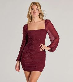 Give off a lovely vibe at your next formal party in this mini dress designed with sheer airy mesh fabric with a partial knit lining and chic faux pearl embroidery. It features a square neckline, sheer long balloon-style sleeves, an alluring open back with a tie-back design, and ruched side seams to accentuate your curves along the bodycon silhouette.Fit & FeaturesSheer mesh fabric with partial knit lining, plenty of stretchFaux pearl embroiderySquare neckline, sheer long balloon sleeves with New Year’s Eve Cocktail Attire, Winter Semi Formal Dresses, Holiday Cocktail Dress, Orange Homecoming Dresses, Backless Dress Short, Purple Homecoming Dress, Green Homecoming Dresses, Cocktail Dress Holiday, White Homecoming Dresses