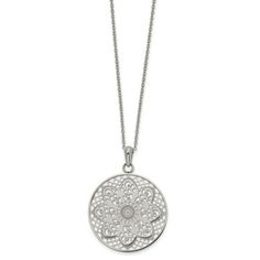 Stainless Steel Polished Cut-out Flower Circle 22in Necklace. Finish:Polished|Length of Item:22 in|Chain Length:22 in|Chain Width:0.9 mm|Charm/Element Length:39.8 mm|Charm/Element Width:34.8 mm|Clasp /Connector:Lobster (Fancy)|Clasp Thickness (Female end):0.6 mm|Clasp Thickness (Male end):1.4 mm|Clasp Width (Female end):3.4 mm|Clasp Width (Male end):5.1 mm|Material: Primary:Stainless Steel|Item Weight U/M:gm|Engravable:Not Recommended|Packaging:Gift Boxed|Product Type:Jewelry|Jewelry Type:Neckla Stainless Steel Cross Pendant, Necklace With Pendant, Flower Circle, Cable Chain Necklace, Packaging Gift, Stainless Steel Polish, Floral Pendant, Elegant Pendant, Friend Necklaces