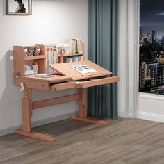 a wooden desk with books on it in front of a cityscape wall mural