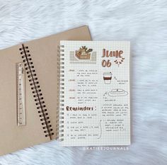 a spiral notebook and pen sitting next to each other on a white fur covered surface