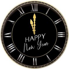 a black and gold clock with the words happy new year written in roman numerals