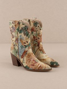 The Sorrel | PRE-ORDER | Vintage Floral Print Western Bootie – Oasis Society Carpet Bag, Western Booties, Vintage Floral Print, Vintage Carpet, Vintage Floral, Bootie, Pre Order, Loafer Flats, Oasis