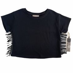 Double D Ranch Estella Fringe Sweatshirt Tee In Black Size Large New With Tags - Never Worn! Features: Short Sleeve, Light Sweatshirt Material, Fringe Up And Down Side Seams, Crew Neck. 100% Cotton, Dry Clean Only. Very Rare - Can't Find Online! Approx 24" Pit To Pit 22" Length Tags: Dd, Double D Ranch, Sweatshirt, Tee, Top, Blouse, Dark, Western, Country, Cowgirl, Rodeo, Nfr, Vegas, Rodeo Ready, Yoakum, Women's, Ladies, Girls, Casual, Work, Business, Fringy, Boho, Bohemian Trendy Short Sleeve T-shirt With Fringe, Trendy Short Sleeve Fringe T-shirt, Casual Short Sleeve Fringe T-shirt, Trendy Fringe Short Sleeve T-shirt, Casual Crew Neck T-shirt With Fringe, Black Cropped Short Sleeve Top For Summer, Black Relaxed Fit Crop Top, Black Cropped Relaxed Fit Top, Black Cropped Top With Relaxed Fit