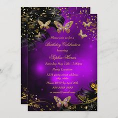 purple and gold butterfly birthday party card