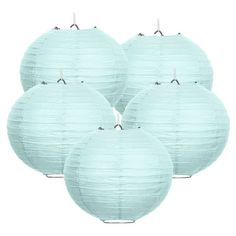 six light blue paper lanterns are arranged in a row on a white background with clippings