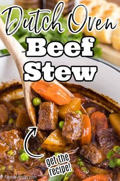 beef stew with carrots and peas in a pot