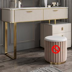 a bathroom with a vanity, mirror and stool in the corner that has a no entry sign on it