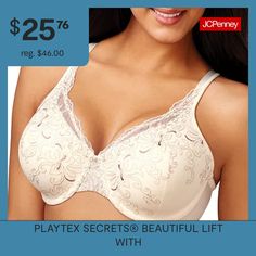 Sexy and supportive, this embroidered underwire bra by Playtex proves you really can have it all.Moderate Cup Coverage For Subtle CleavageGorgeous EmbroideryNo-slip Straps Stay On Your ShouldersManufacturer's Style #4513Bra Type: Underwire, Full CoverageFeatures: Stretch Fabric, Adjustable StrapsClosure Type: Hook & Eye, Back ClosureSupport: Medium SupportFiber Content: 100% NylonFabric Description: MicrofiberCup Fiber Content: 100% PolyesterCare: Line DryMaterial: MicrofiberCountry of Origin: … Coverage Bras, Full Coverage Bra, Full Figured, Hook Eye, Underwire Bra, You Really, Stretch Fabric, The Secret, Embroidery