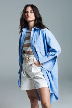 Introducing our Boyfriend Cut Shirt in a serene Baby Blue, the epitome of casual grace and comfort. This shirt is a must-have for those who love to blend effortless style with everyday practicality. Oversized Boyfriend Style: Designed to mimic the relaxed fit of a boyfriend's shirt, this piece is all about comfort and ease, offering a laid-back yet chic look. Charming 3/4 Sleeves: The 3/4 length sleeves bring a unique and stylish twist to this classic design, making it versatile for various seas Baby Blue Shirt, Boyfriend Cut, Cut Shirt, Boyfriend Style, Boyfriend Shirt, Cut Shirts, Polo Collar, Casual Elegance, Blue Shirt