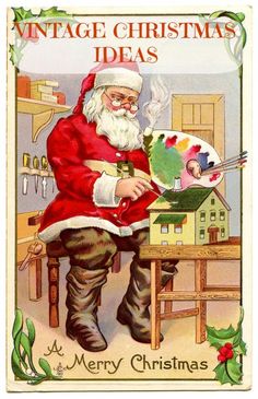 an old fashioned christmas card with santa holding a paintbrush and palette in his hand