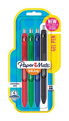 four different colored pens are in a package with the same color as they appear on the packaging