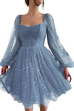 LTP1765, Starry Long Sleeves A-Line Homecoming Dress – Laylatailor Shop Homecoming Dresses For Teens, Cute Formal Dresses, School Dance Dresses, Tulle Homecoming Dress, Cute Prom Dresses, Grad Dresses, Prom Dresses With Sleeves, Dresses Elegant, Hoco Dresses