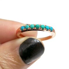 "Turquoise Ring, Bohemian Turquoise Wedding Ring, 14K Rose gold Turquoise Ring, Turquoise Ring for Women. This rose gold Turquoise ring is a beautiful way to say \"I love you.\" Handmade from 14 karats rose gold, this stacking ring features seven rounded bright blue turquoise gemstones. The 2 mm gemstones are almost flush with the 2.4 mm-wide band, creating a stunning pave effect. This beautiful accessory is available in any ring size. Give this ring as an anniversary gift to your beloved spouse Fine Jewelry Turquoise Multi-stone Ring, Turquoise Multi-stone Ring Fine Jewelry, Stackable Turquoise Ring Fine Jewelry, Stackable Turquoise Ring In Fine Jewelry Style, Turquoise Fine Jewelry Ring For Promise, Stackable Turquoise Rings For Wedding, Stackable Turquoise Wedding Rings, Turquoise Stackable Rings For Wedding, Turquoise Wedding Ring