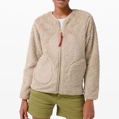 Softest Cutest Teddy Bear Jacket In Sherpa Materials. Worn Once Cozy Sports Outerwear, Cozy Fall Sports Outerwear, Cozy Sports Outerwear For Fall, Cozy Sports Outerwear With Fleece Lining, Lululemon Rain Jacket, Lululemon Vest, Teddy Bear Jacket, Lululemon Sweater, Bear Jacket