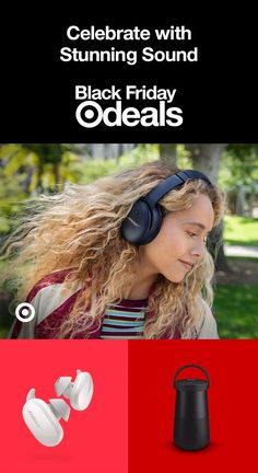 a woman with headphones on her ear and the words celebrate with stunning sound black friday specials