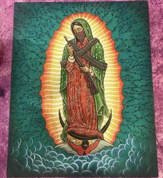 a painting of the virgin mary holding a cross on top of a green background with clouds