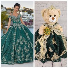 a woman in a green dress standing next to a teddy bear wearing a ball gown