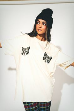 Show Me Your Kitties Oversized Tee in Ivory – Dressed in Lala Oversized Cat Print Crew Neck Top, Oversized Crew Neck Tops With Cat Print, Oversized Cotton Tops With Cat Print, Oversized Cream Tops With Graphic Print, Oversized Cream Top With Graphic Print, White Relaxed Fit Top With Cat Print, Cream Relaxed Fit T-shirt With Screen Print, Satin Playsuit, 2024 Design