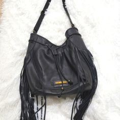 Nwot, Never Been Used, Clean, Stylish Fringe, So Hip! Black Leather Bucket Hobo Bag, Black Hobo Bucket Bag For Shopping, Black Hobo Satchel For Errands, Black Hobo Shoulder Bag With Adjustable Strap, Black Hobo Bucket Bag In Soft Leather, Black Soft Leather Hobo Satchel, Black Fringe Shoulder Bag For Travel, Black Fringe Bag For Shopping, Black Hobo Satchel With Leather Handles