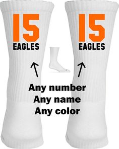 Moisture Wicking Sport Socks 98% Polyester & 2% Spandex Socks fit Shoe Sizes 6-12 * You can print whatever color or colors you would like. * Print on the side or the back Comfortable White Socks With Letter Print, White Sports Socks With Letter Print, White Non-slip Socks For Stocking Stuffers, Non-slip White Socks For Stocking Stuffers, Cheer Socks, Volleyball Socks, Football Numbers, Volleyball Photos, Dance Socks