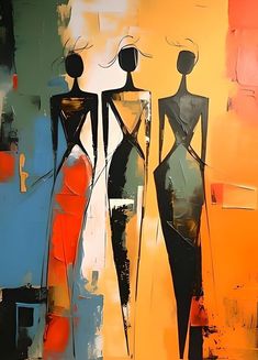 an abstract painting of two women in black, orange and red dresses with their hands on their hips