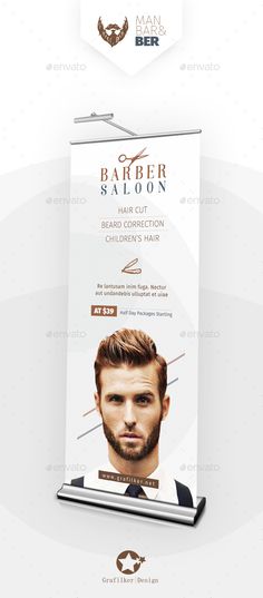 a roll up banner with the image of a man's haircut on it