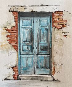 watercolor painting of an old blue door