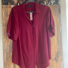 Questions? Leave A Comment Below! Red Shirt For Workwear In Fall, Red Button-up Workwear Blouse, Red Button-up Blouse For Work, Casual Burgundy Blouse For Work, Red Collared Office Blouse, Red Collared Blouse For Work, Classic Red Blouse For Fall, Chic Burgundy Tops For Workwear, Red Short Sleeve Tops For Office