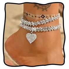 PRICES MAY VARY. Rhinestone shiny anklets are made of rhinestone,it will not be tight to wear and not fade easily. Layered ankle chain length is 16cm/6.3inches,you can adjust it according to the extension chain 10cm/4inches. Silver heart anklet bracelets design are very simple, wearing it on the beach is also a beautiful scenery, and you will get more compliment in the crowd. Sand beach foot jewelry is suitable to wear to all kinds of occasions, especially outdoor activities,beach,party,club,con Womens Ankle Bracelets, Beach Foot Jewelry, Anklet For Women, Foot Chain, Crystal Anklet, Heart Anklet, Ankle Jewelry, Beach Anklets, Bracelets Design