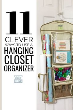 the hanging closet organizer is filled with items