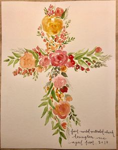 a watercolor painting of a cross with flowers on it