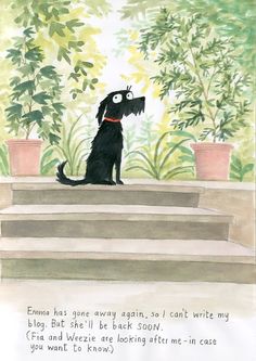 a drawing of a black dog sitting on steps with trees in the back ground and bushes behind it